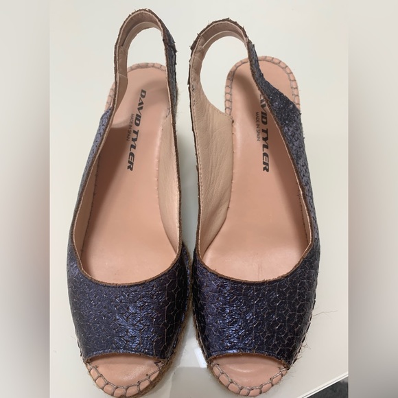 Stunning David Tyler Made In Spain Navy Leather Espadrilles Wedges (SZ 38) - Picture 3 of 7